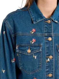 Blouson en jean en coton indigo pourvu de motifs floraux brodés