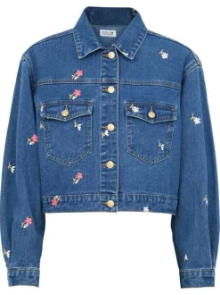 Blouson en jean en coton indigo pourvu de motifs floraux brodés
