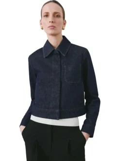Blouson en jean en coton indigo uni avec une coupe droite et un col à revers