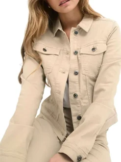 Blouson en Jean en coton mélangé beige uni pourvu d'une coupe ajustée