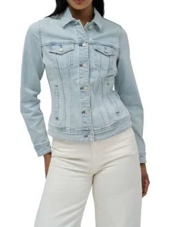 Blouson en jean en coton mélangé bleu clair uni à coupe ajustée