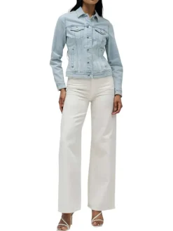 Blouson en jean en coton mélangé bleu clair uni à coupe ajustée