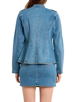 Blouson en jean en coton mélangé stone uni pourvu d'un col montant