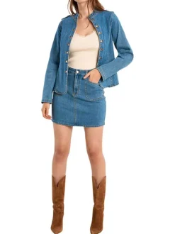 Blouson en jean en coton mélangé stone uni pourvu d'un col montant
