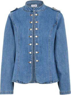 Blouson en jean en coton mélangé stone uni pourvu d'un col montant