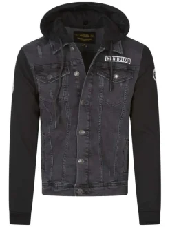 Blouson en jean en coton noir délavé avec un col à capuche et 4 poches