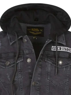 Blouson en jean en coton noir délavé avec un col à capuche et 4 poches