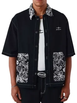 Blouson en jean en coton noir uni avec une coupe droite et un col chemise