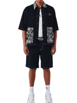 Blouson en jean en coton noir uni avec une coupe droite et un col chemise