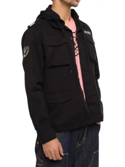 Blouson en jean en coton noir uni à coupe droite avec capuche