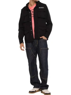 Blouson en jean en coton noir uni à coupe droite avec capuche