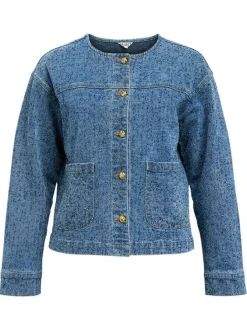 Blouson en jean indigo uni pourvu d'une coupe droite et d'un col rond