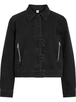 Blouson en Jean noir uni en coton avec une coupe droite et un col à revers