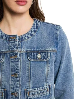 Blouson en Jean stone uni à coupe droite, col rond et boutons argentés