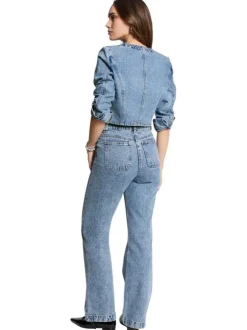 Blouson en Jean stone uni à coupe droite, col rond et boutons argentés