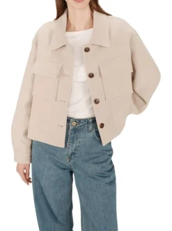 Blouson en laine mélangée beige uni avec une coupe droite et un col chemise
