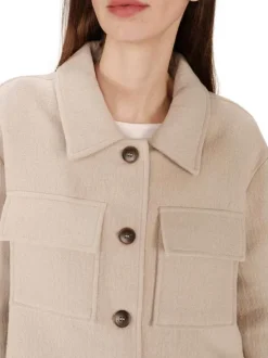 Blouson en laine mélangée beige uni avec une coupe droite et un col chemise