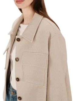 Blouson en laine mélangée beige uni avec une coupe droite et un col chemise