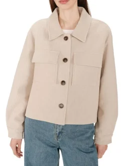 Blouson en laine mélangée beige uni avec une coupe droite et un col chemise
