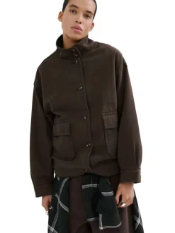Blouson en lin marron uni pourvu d'une coupe oversize et d'un col montant