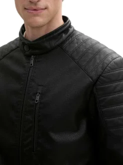 Blouson en simili cuir noir à col légèrement montant avec une texture craquelée