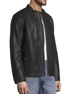Blouson en simili cuir noir uni à col motard zippé et épaules renforcées