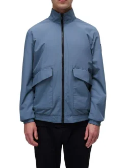 Blouson gris uni avec une coupe droite à col montant et des poches