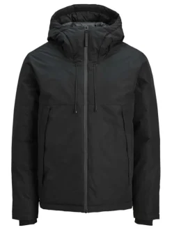 Blouson imperméable noir uni à coupe droite avec un col à capuche