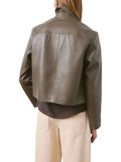 Blouson kaki uni en simili-cuir avec une coupe droite et un col à revers