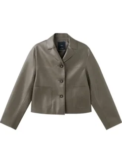 Blouson kaki uni en simili-cuir avec une coupe droite et un col à revers