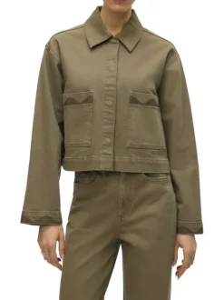 Blouson kaki uni pourvu d'un col à rabats et de manches longues