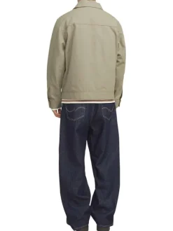 Blouson manches longues beige uni en coton avec col italien et coupe droite