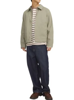 Blouson manches longues beige uni en coton avec col italien et coupe droite