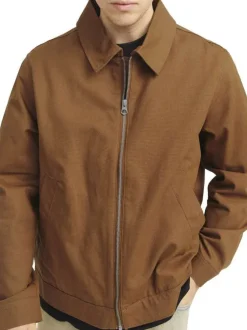 Blouson manches longues en coton brun uni à coupe droite avec un col italien