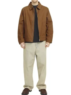 Blouson manches longues en coton brun uni à coupe droite avec un col italien