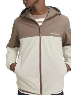 Blouson manches longues marron et beige à coupe droite avec col à capuche