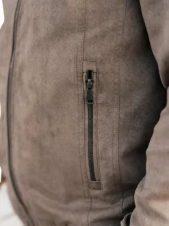 Blouson manches longues taupe uni avec une coupe droite et un col motard