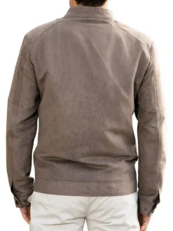 Blouson manches longues taupe uni avec une coupe droite et un col motard