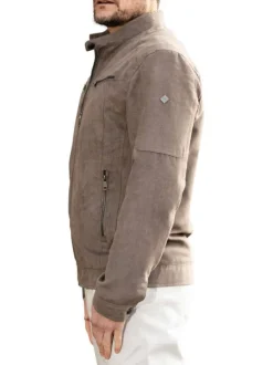 Blouson manches longues taupe uni avec une coupe droite et un col motard