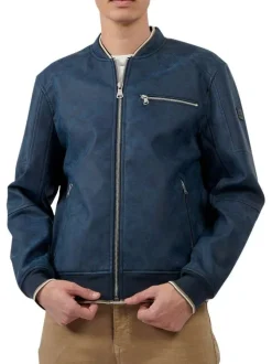 Blouson marine suédine à coupe droite col teddy et à manches longues