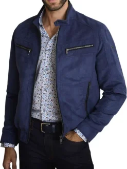 Blouson marine uni avec une coupe droite et un col montant avec un bouton