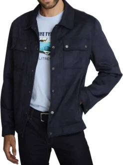 Blouson marine uni avec une coupe droite et une fermeture boutonnée