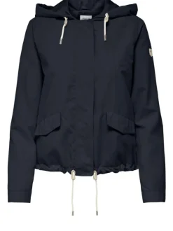 Blouson marine uni coupe droite avec un col à capuche et des poches latérales