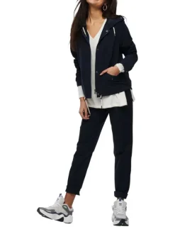 Blouson marine uni coupe droite avec un col à capuche et des poches latérales
