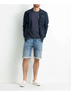 Blouson marine uni coupe droite avec un col montant et un patch à la poitrine