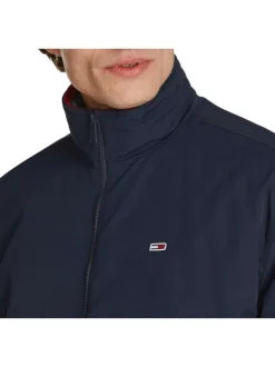 Blouson marine uni à coupe droite, col montant zippé et logo brodé