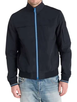 Blouson marine uni fermé par un zip à l'avant avec un col montant