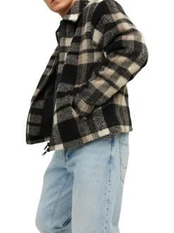 Blouson marron à carreaux avec une coupe droite et un col italien