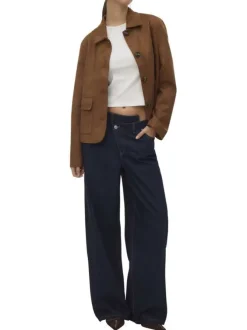 Blouson marron à coupe droite effet daim pourvu d'un col à revers