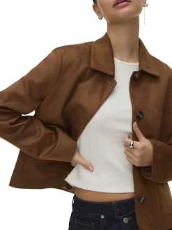 Blouson marron à coupe droite effet daim pourvu d'un col à revers